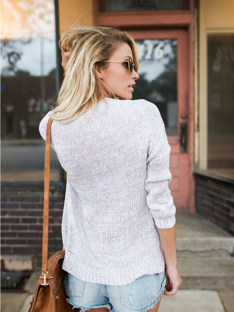 V Neck Long Sleeve Irregular Pullover Knit Sweater - BelleChloe