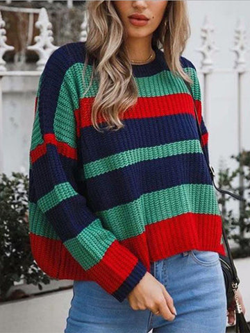 Casual Loose Color-Block High Neck Knitted Shift Sweater