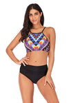 National Style Color Matching Split High Waist Swimsuit