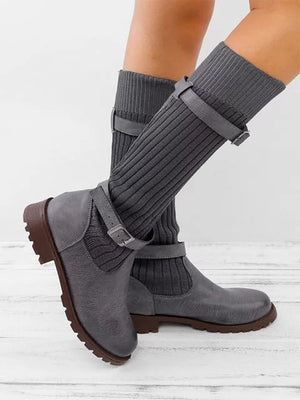 Knitted Fabric Attached Boots Warm Flat Boots - BelleChloe