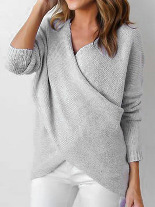Cross Wrap Front V-Neck Long Sleeve Knitted Casual Sweater - BelleChloe