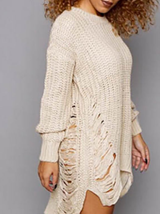 Long Sleeve Round Neck Tassel Irregular Loose Pullover Sweater - BelleChloe