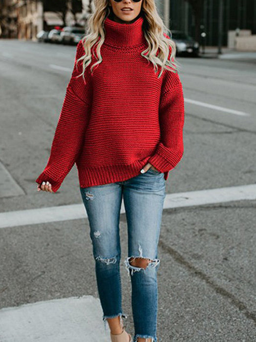 Turtleneck Oversized Long Sleeve Knitted Pullover Sweater - BelleChloe