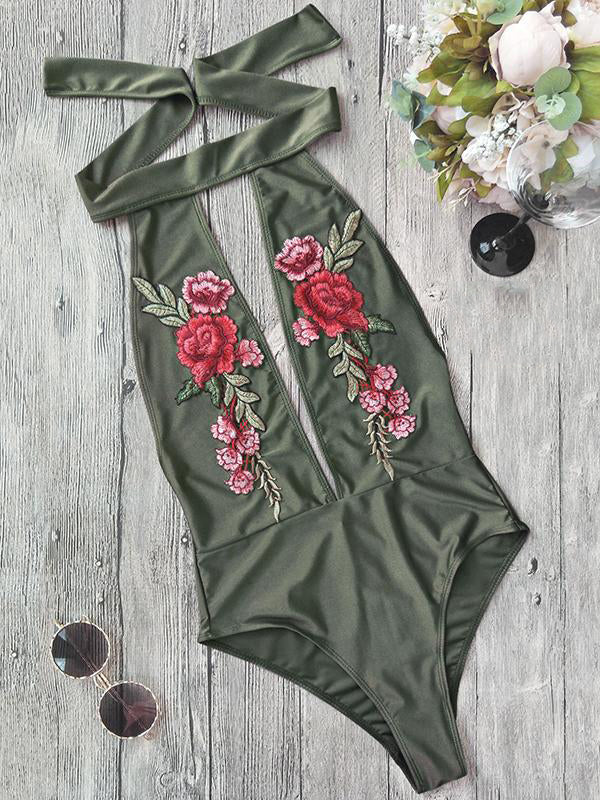 Lace Up Open Back Embroidered One Piece Swimsuit - BelleChloe