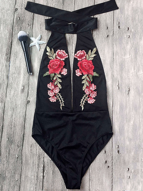 Lace Up Open Back Embroidered One Piece Swimsuit - BelleChloe