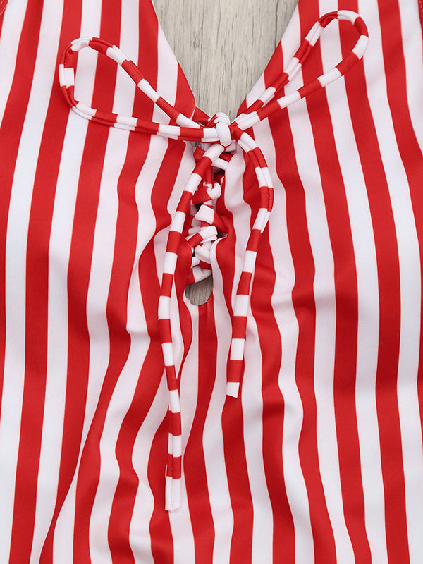 Vertical Stripe sexy Lace Up One Piece Swimsuit - BelleChloe