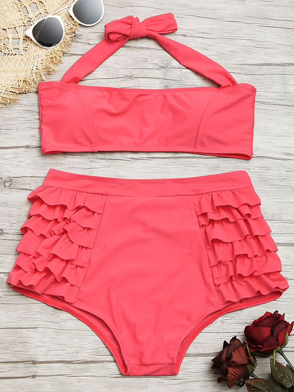 Hanging Neck Lace Up Ruffled Solid Color Swimsuit - BelleChloe