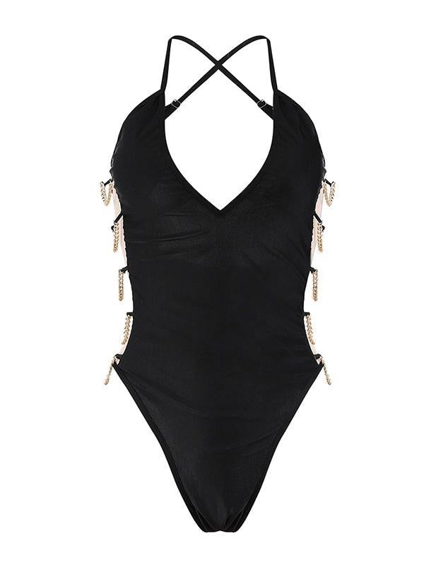 Solid Color Deep V Strap Sexy Swimsuit - BelleChloe