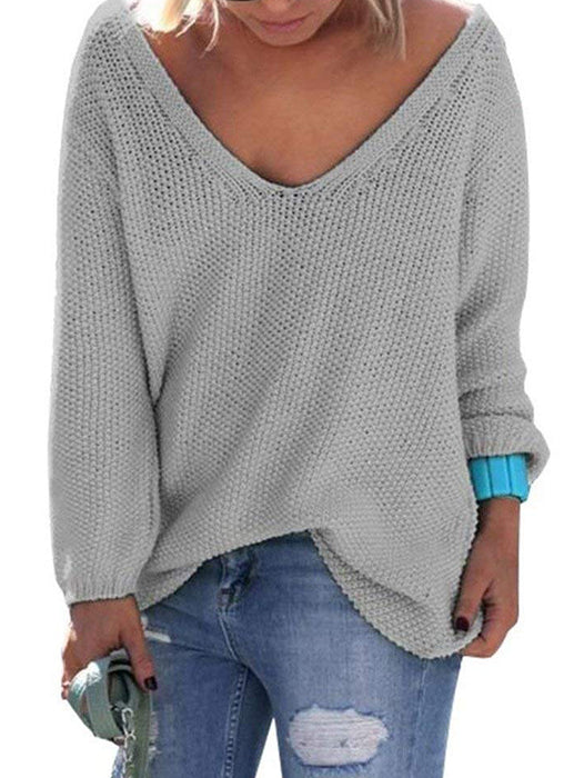 Knit V-Neck Long Sleeves Oversize Loose Sweater - BelleChloe