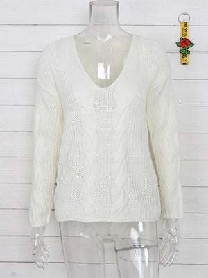 Solid Color V-Neck Twist Knitted Casual Basic Sweater - BelleChloe
