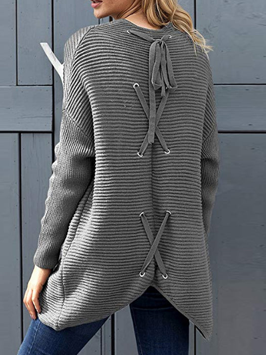 Casual Ribbed Knitted Open Front Cardigans Lace Up Back Sweater - BelleChloe