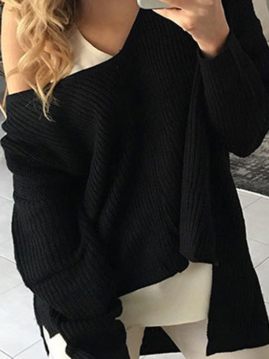 Solid Color V-Neck Striped Casual Basic Sweater - BelleChloe