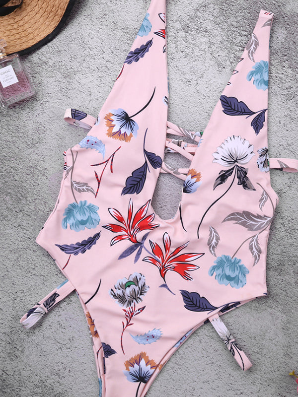 One Piece High Cut Floral Printed Swimwear - BelleChloe