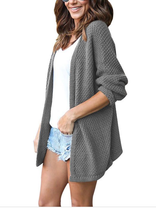 Casual Solid Color Long Sleeve Waffle Knitted Cardigan Sweater - BelleChloe