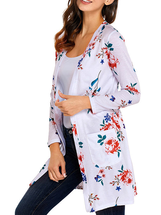 Floral Printed Long Sleeves Pockets Cover Up Open Front Cardigan - BelleChloe