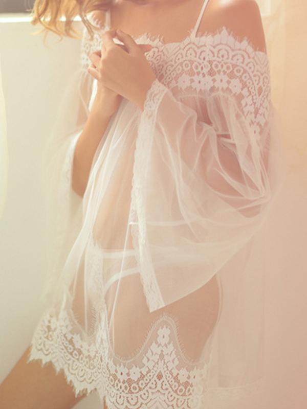 Sexy Women Lace Lingerie Off Shoulder Sleepwear Transparent Mesh Nightgown - BelleChloe