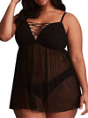 Women's Plus Size Sexy Strappy Lace Babydoll Chemise Open Front Lingerie Set