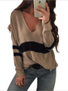 Solid Color V-Neck Striped Casual Basic Sweater