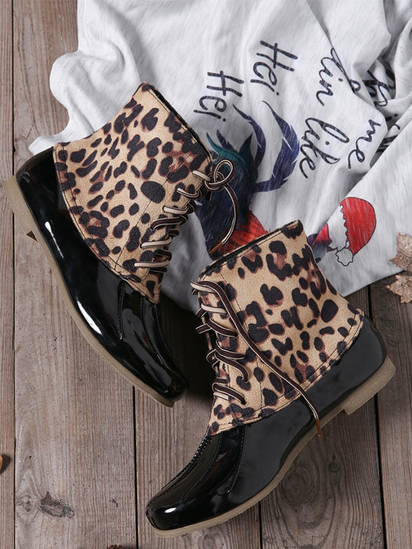 Leopard Print Waterproof Lace-up Duck's Palm Shape Boots - BelleChloe