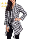 【Quality】Irregular Geometric Printed Knitted Long Sleeves Cascading Draped Front Open Cardigan