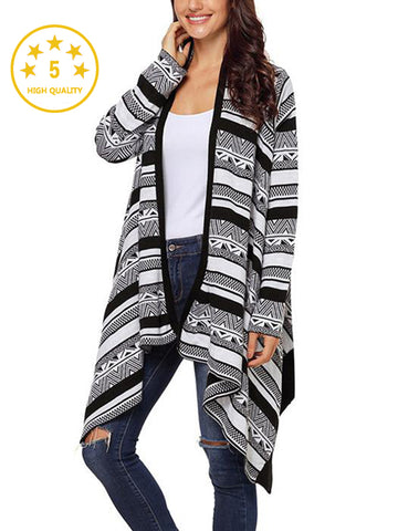 Casual V-Neck Open-Front Striped Long Cardigan Sweater
