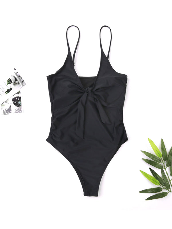 Solid Color Sling Chest Flower Sexy One Piece Swimsuit - BelleChloe