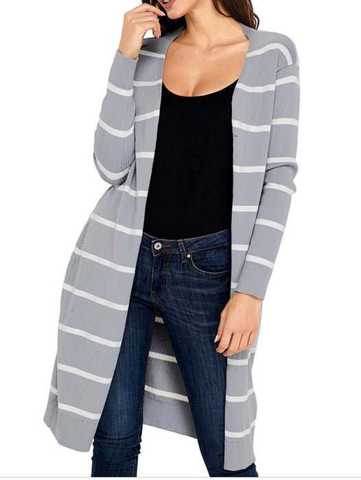 Casual V-Neck Open-Front Striped Long Cardigan Sweater - BelleChloe