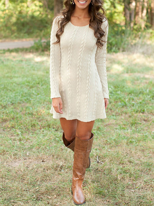 Solid Color Causal Long Sleeve Twist Knitted Sweaters Dress - BelleChloe