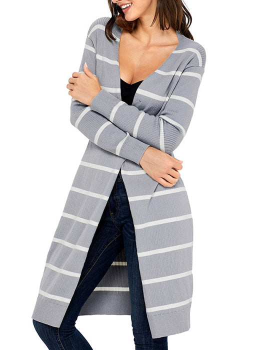 Casual V-Neck Open-Front Striped Long Cardigan Sweater - BelleChloe