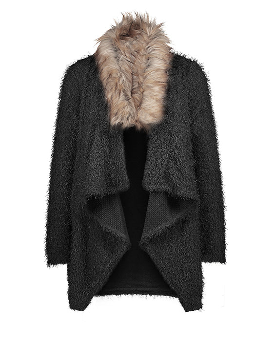 Faux Fur Collar Asymmetric Hem Patchwork Coat - BelleChloe
