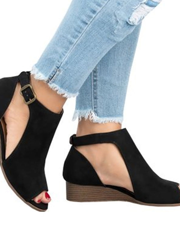 Large Size Ankle Strap Peep Toe Wedge Sandals - BelleChloe