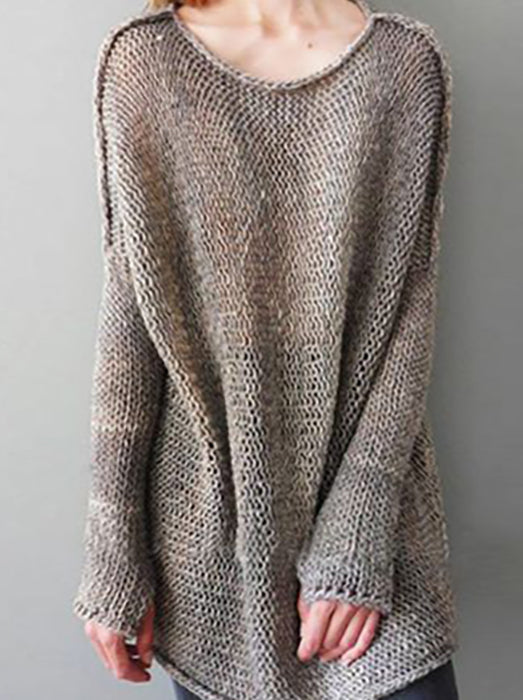 Solid Color Hollow Loose Casual Round Neck Knitted Sweater - BelleChloe