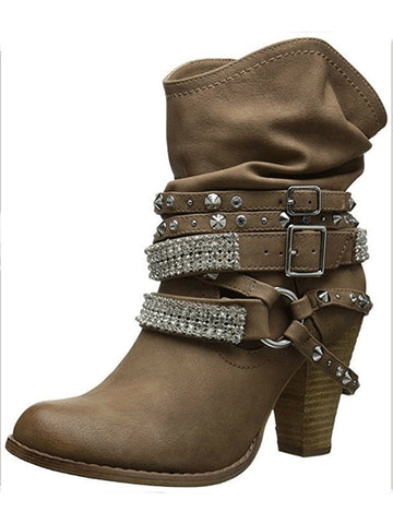 Fashionable Rivet Buckle High-Heel Middle Boots
