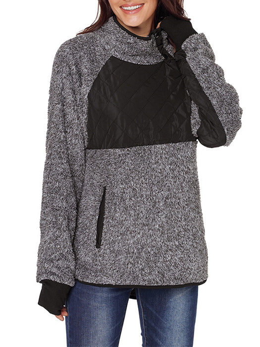 [Quality] Long Sleeve Asymmetrical Snap Neck Fleece Pullover Outwear - BelleChloe