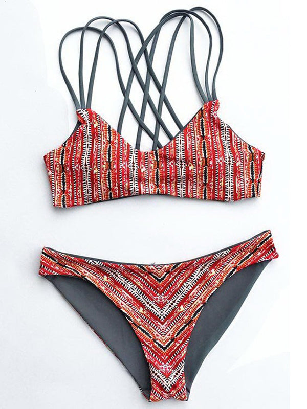 Striped Printed Cross Straps Split Bikini - BelleChloe