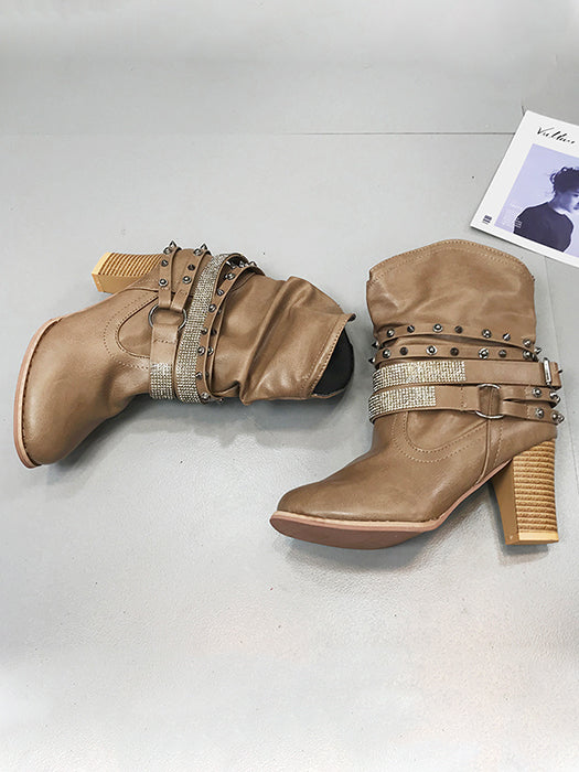 Fashionable Rivet Buckle High-Heel Middle Boots - BelleChloe