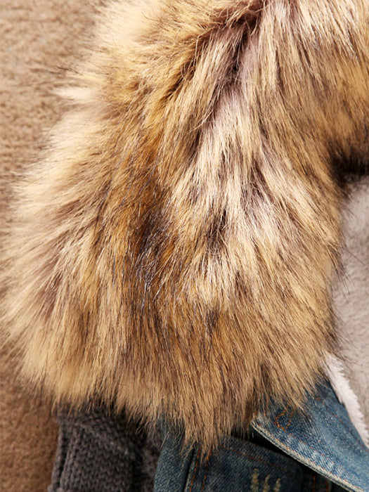 Fashion Lamb Fur Collar Slim Short Jean Coat - BelleChloe